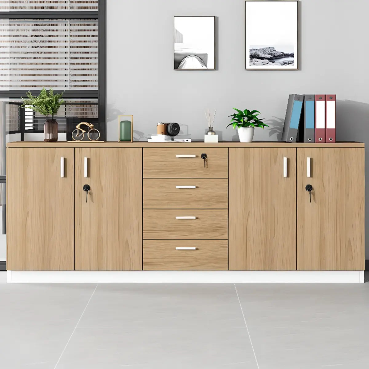 Wooden Horizontal Natural Finish Secure Office Cabinet Image - 2