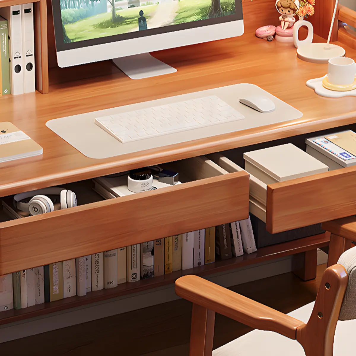 Wooden L-Shaped Bedroom Storage Computer Desk Set with Hutch Image - 10