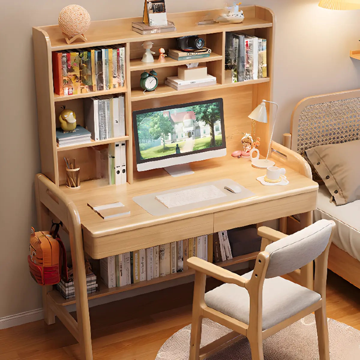 Wooden L-Shaped Bedroom Storage Computer Desk Set with Hutch Image - 11