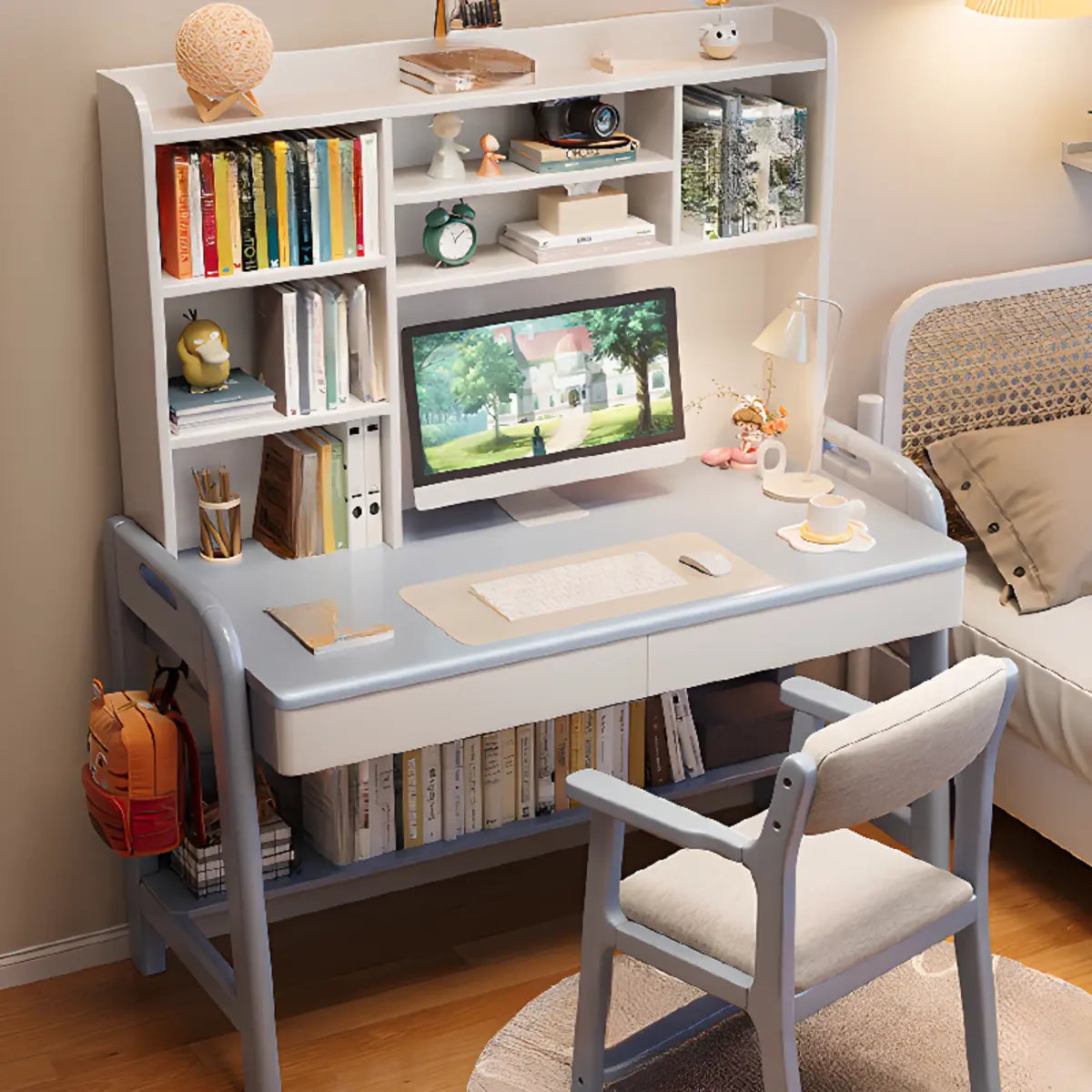 Wooden L-Shaped Bedroom Storage Computer Desk Set with Hutch Image - 14