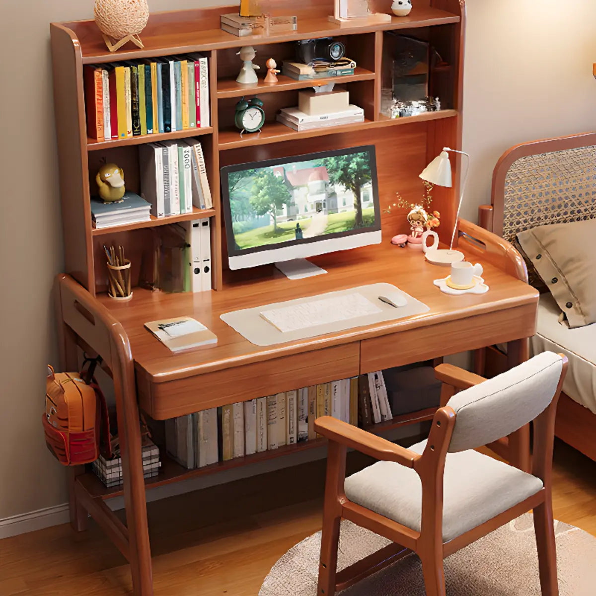 Wooden L-Shaped Bedroom Storage Computer Desk Set with Hutch Image - 16