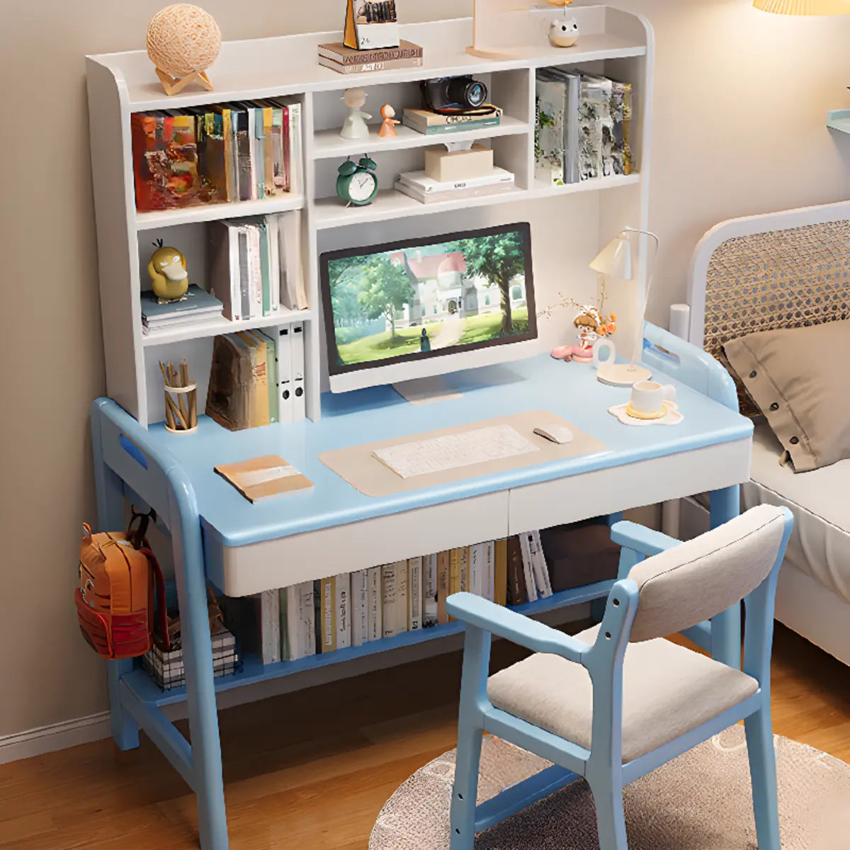 Wooden L-Shaped Bedroom Storage Computer Desk Set with Hutch Image - 17