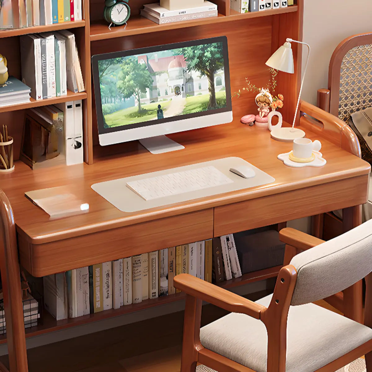 Wooden L-Shaped Bedroom Storage Computer Desk Set with Hutch Image - 8