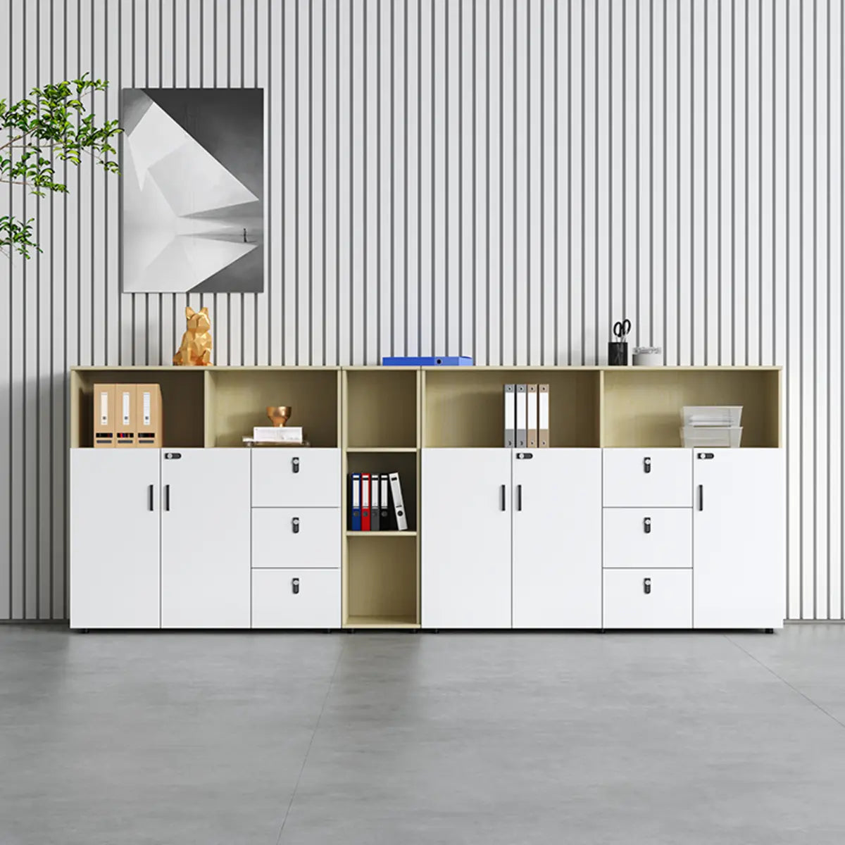 Wooden Lockable Door Natural Office Storage Cabinet Image - 6