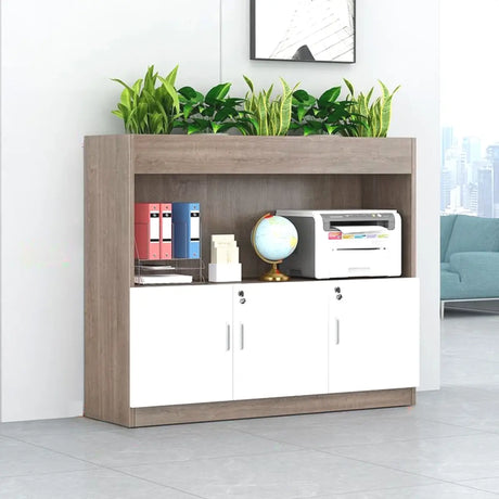 Wooden Lockable Gray Office Storage Cabinet with Key Image - 2