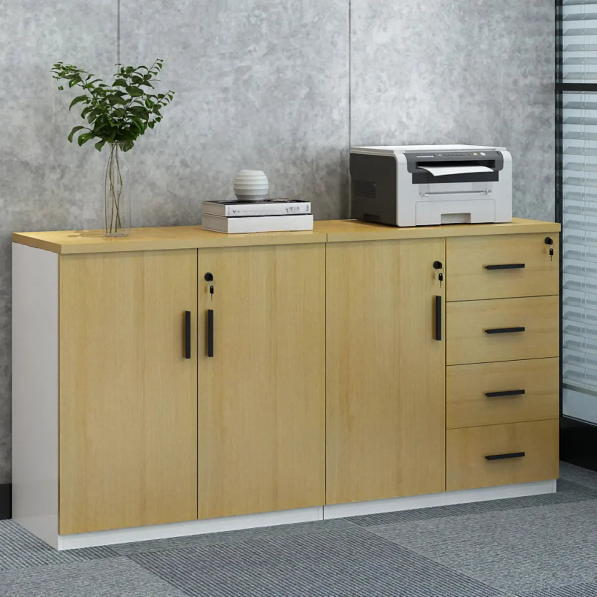 Wooden Lockable Horizontal Natural Office Storage Cabinet Image - 3