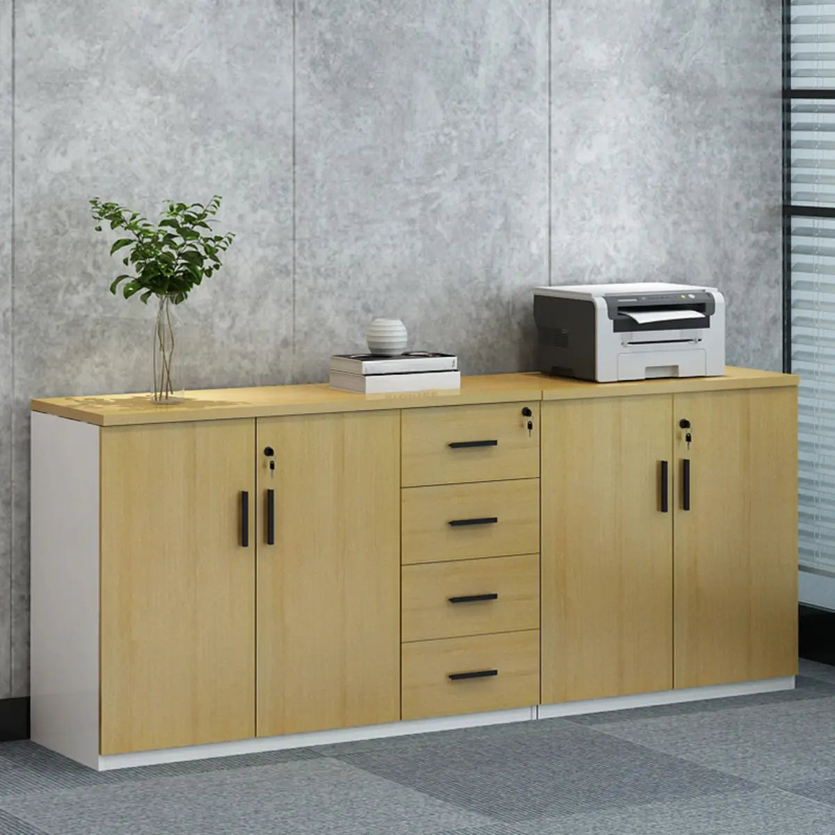 Wooden Lockable Horizontal Natural Office Storage Cabinet Image - 5