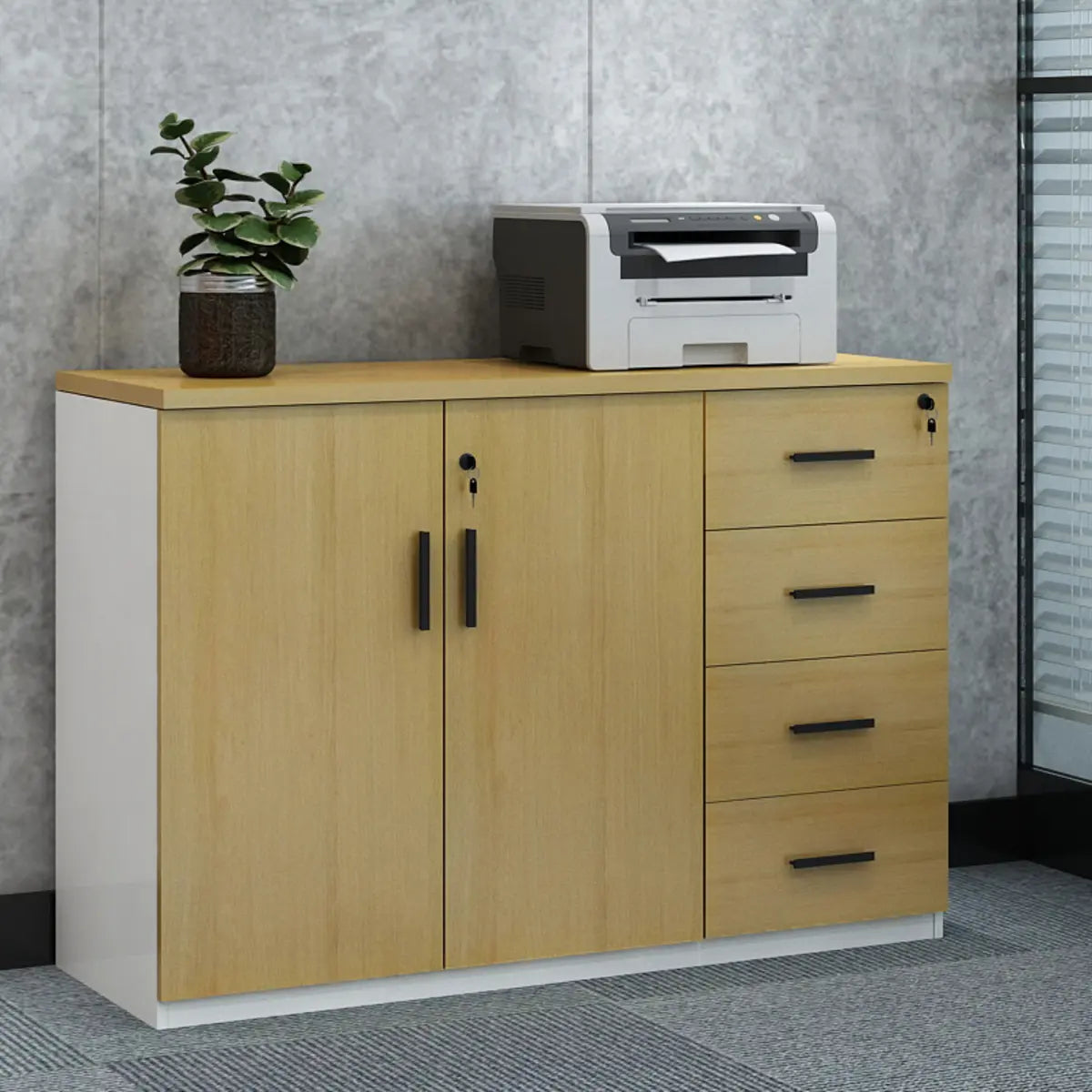 Wooden Lockable Horizontal Natural Office Storage Cabinet Image - 7