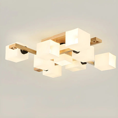 Wooden Multi-Cube White Glass Semi-Flush Mount Light Image - 1