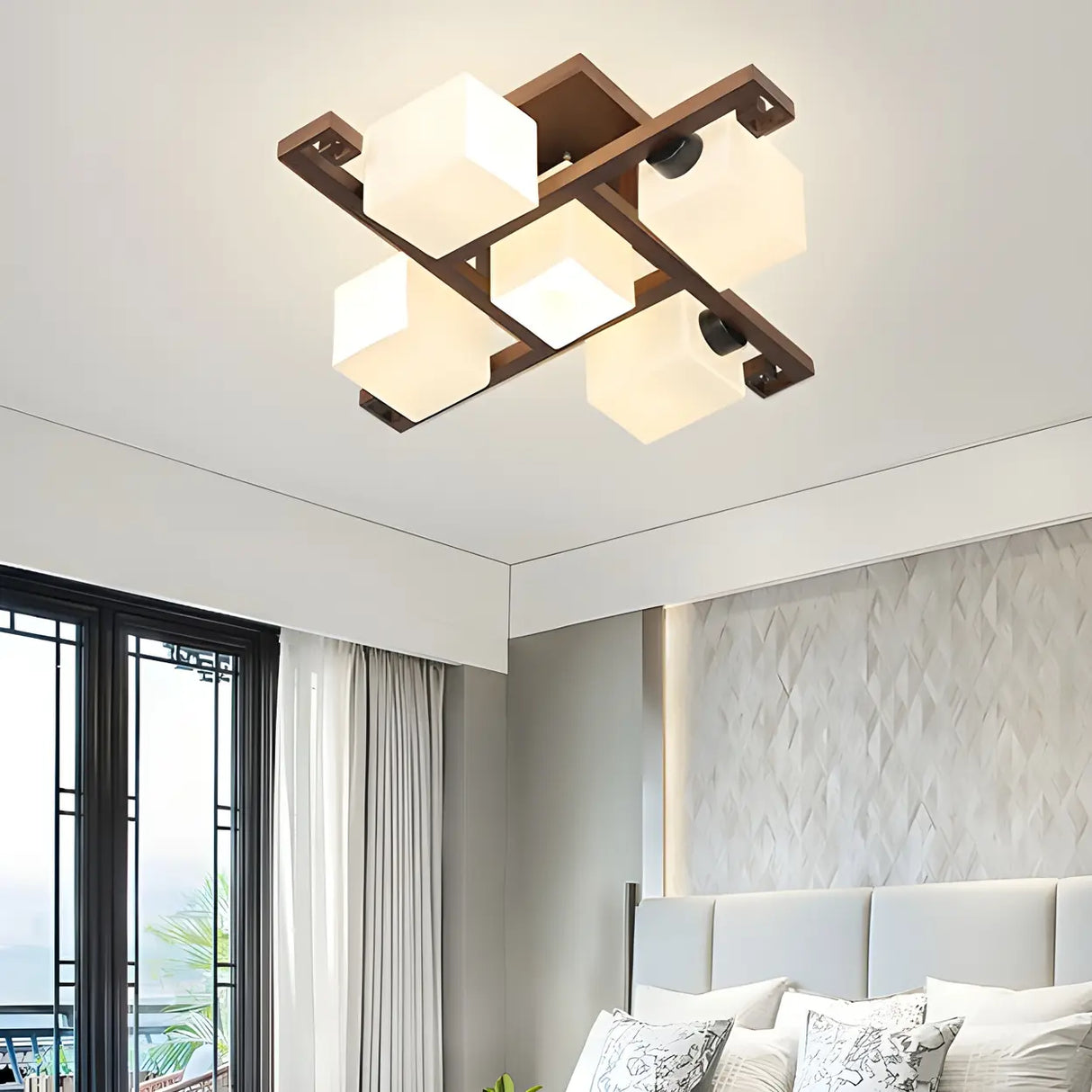 Wooden Multi-Cube White Glass Semi-Flush Mount Light Image - 11