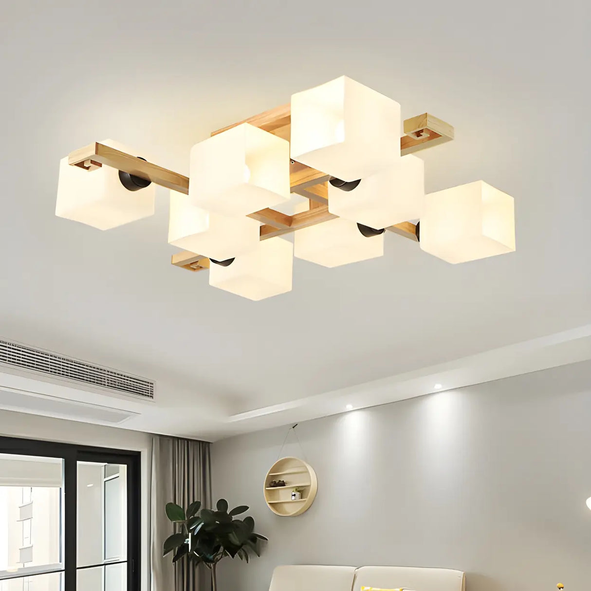 Wooden Multi-Cube White Glass Semi-Flush Mount Light Image - 3