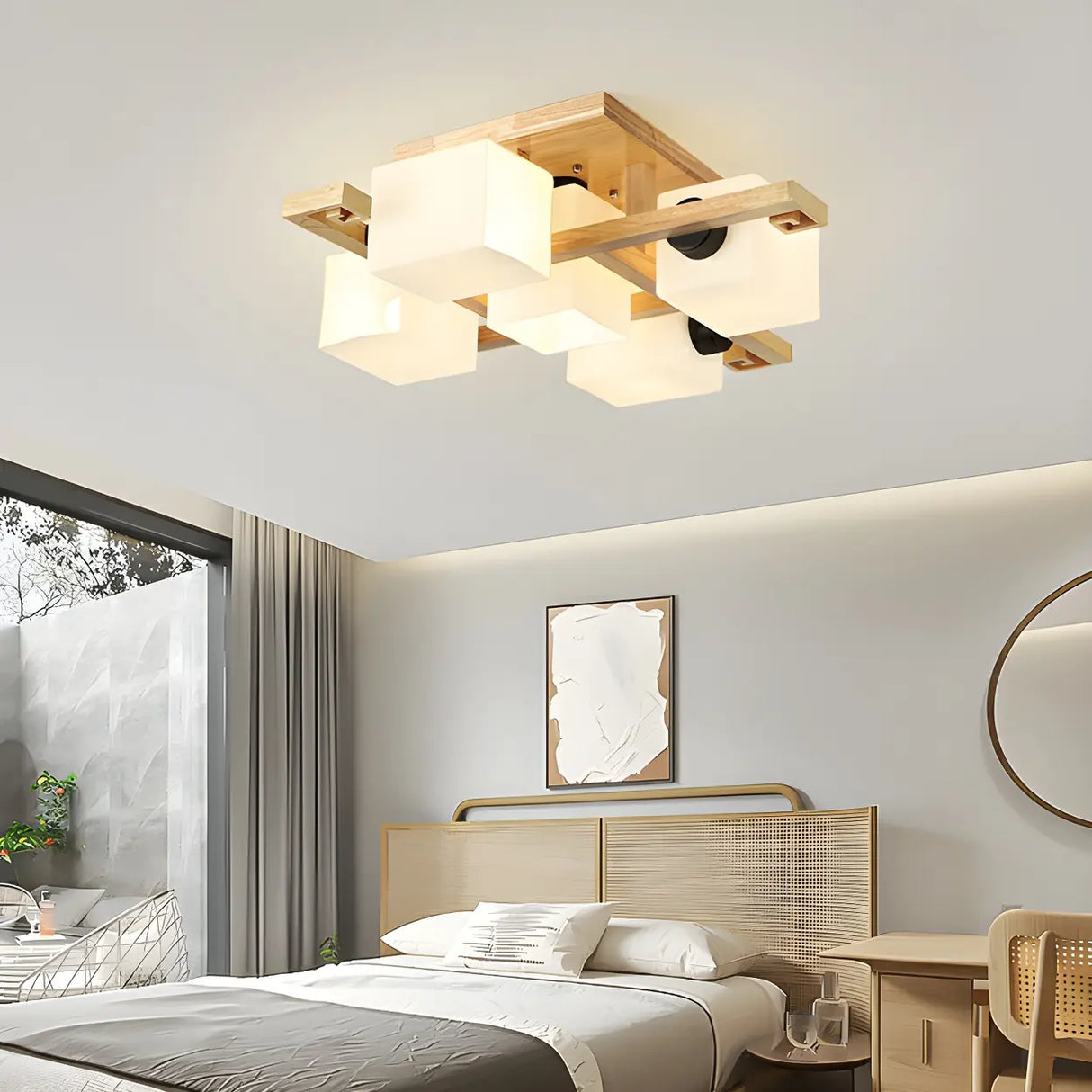 Wooden Multi-Cube White Glass Semi-Flush Mount Light Image - 4