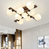 Wooden Multi-Cube White Glass Semi-Flush Mount Light Image - 5