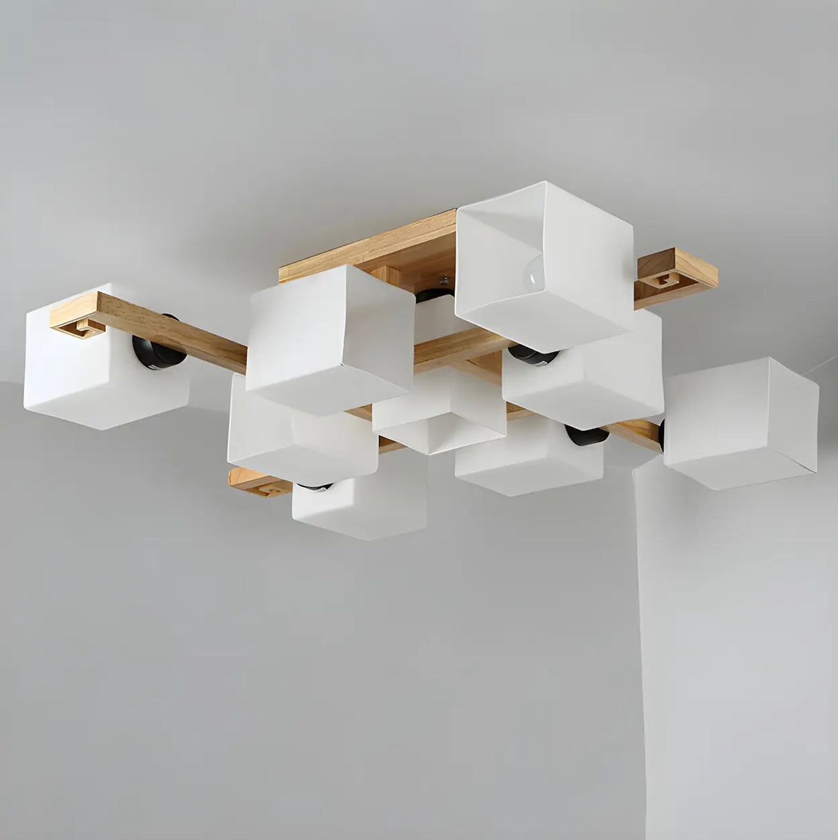 Wooden Multi-Cube White Glass Semi-Flush Mount Light Image - 8