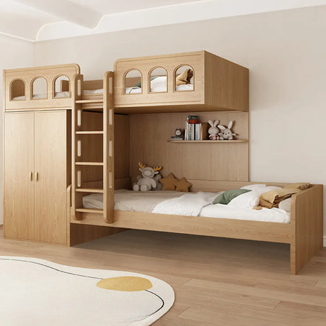 Wooden Natural Bunk Bed with Storage and Cabinet Image - 1