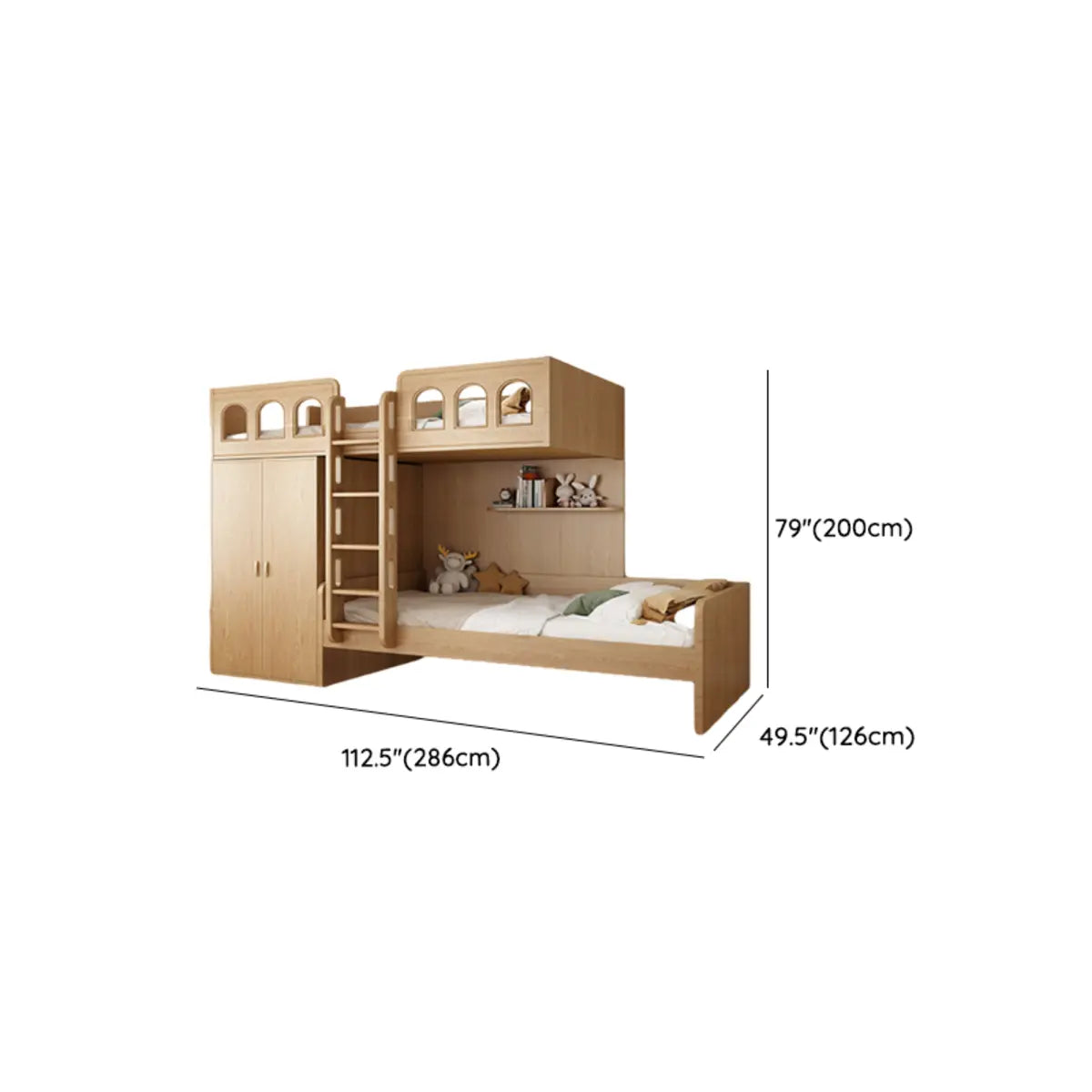 Wooden Natural Bunk Bed with Storage and Cabinet 