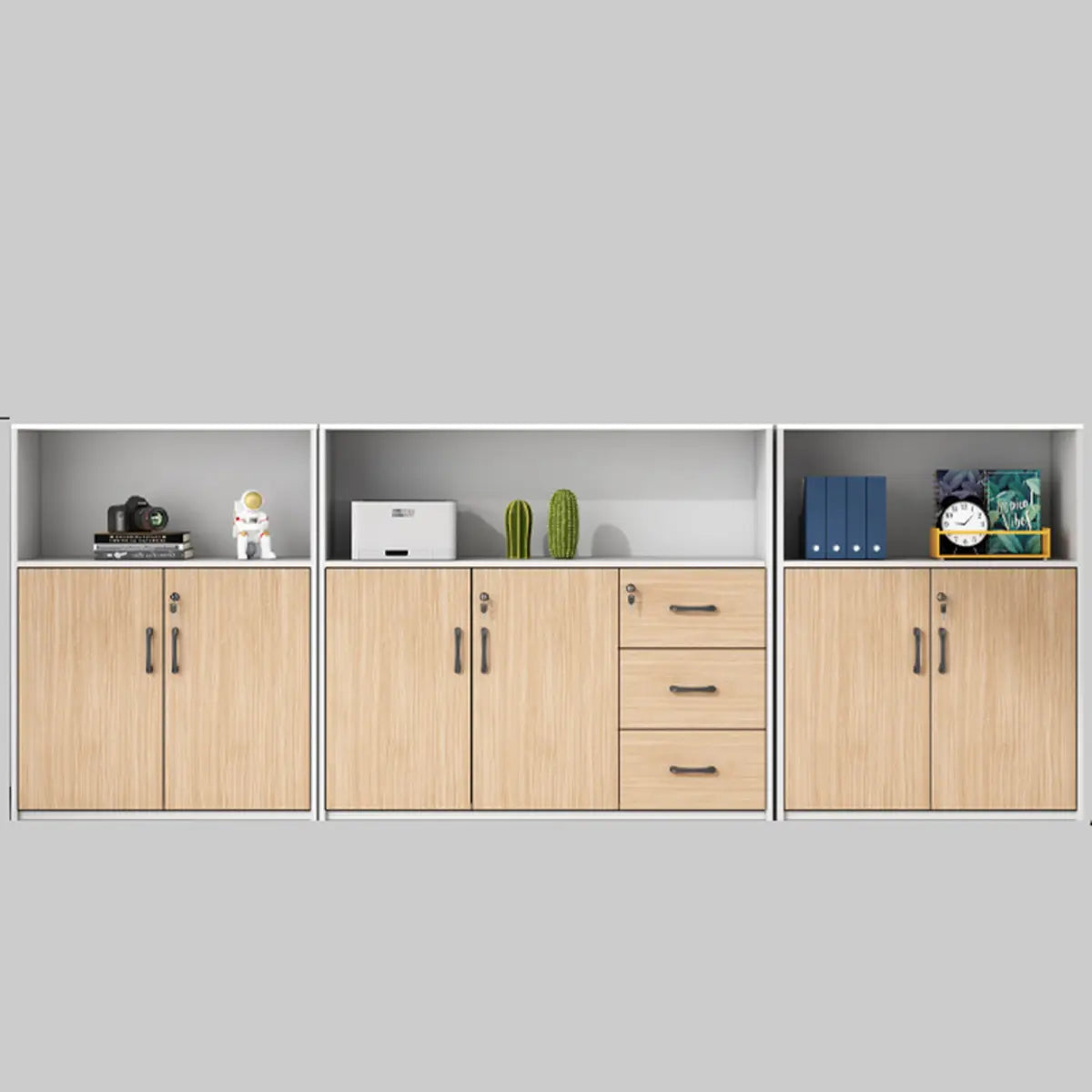 Wooden Natural Finish Lockable Door Office Storage Cabinet Image - 11