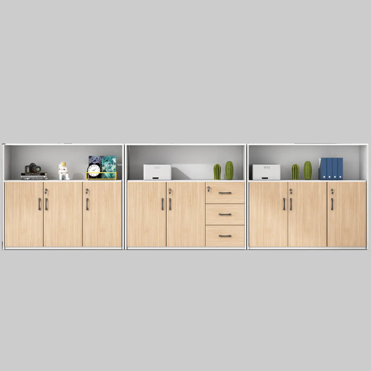 Wooden Natural Finish Lockable Door Office Storage Cabinet Image - 15