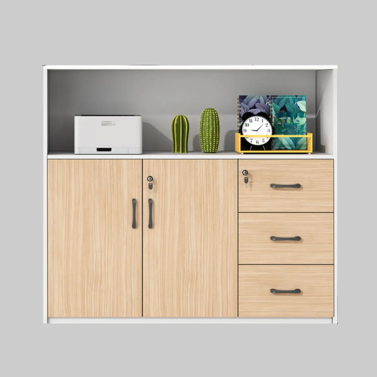 Wooden Natural Finish Lockable Door Office Storage Cabinet Image - 3