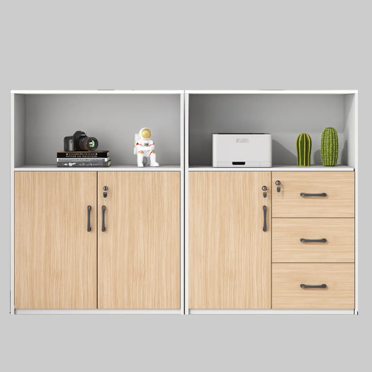 Wooden Natural Finish Lockable Door Office Storage Cabinet Image - 5