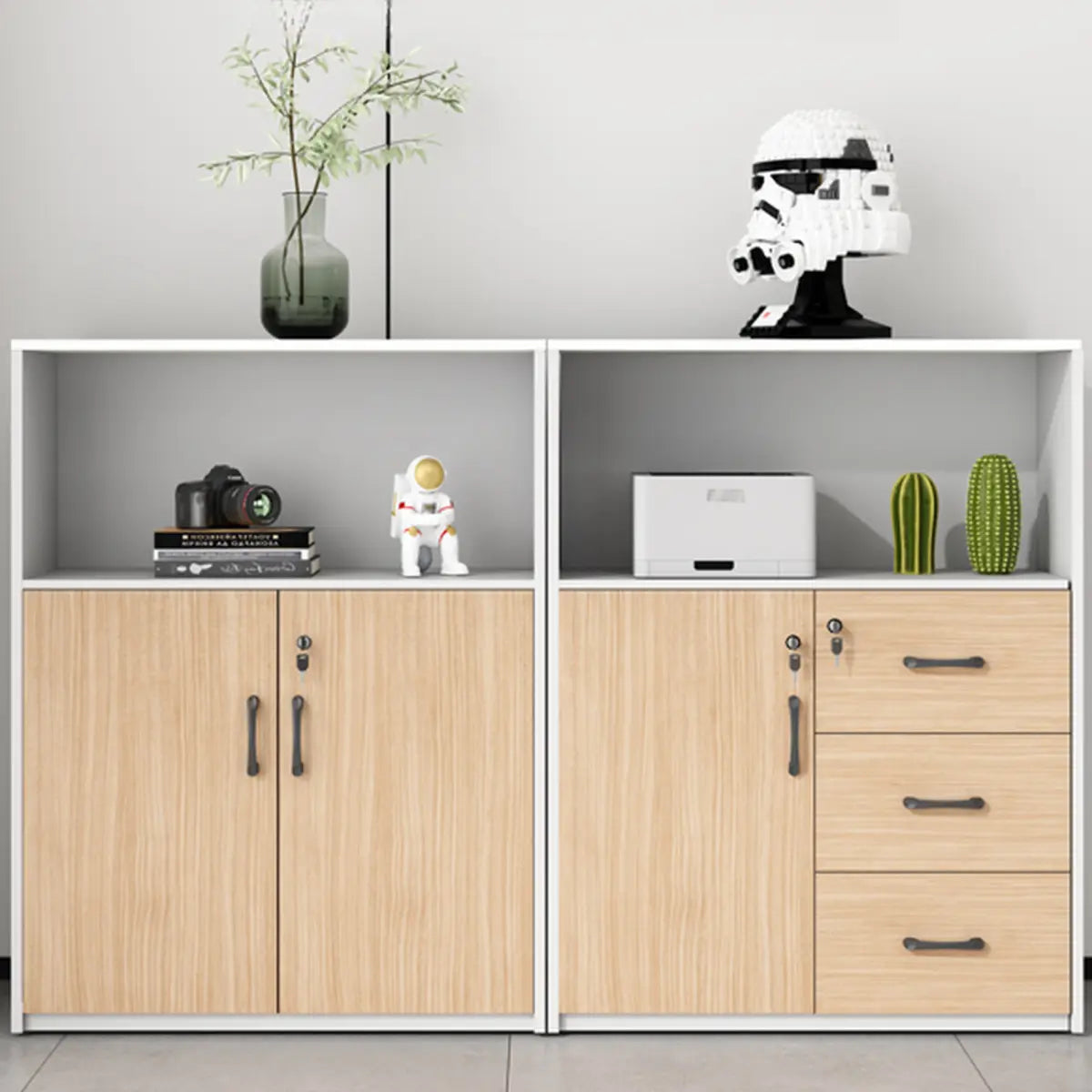 Wooden Natural Finish Lockable Door Office Storage Cabinet Image - 6