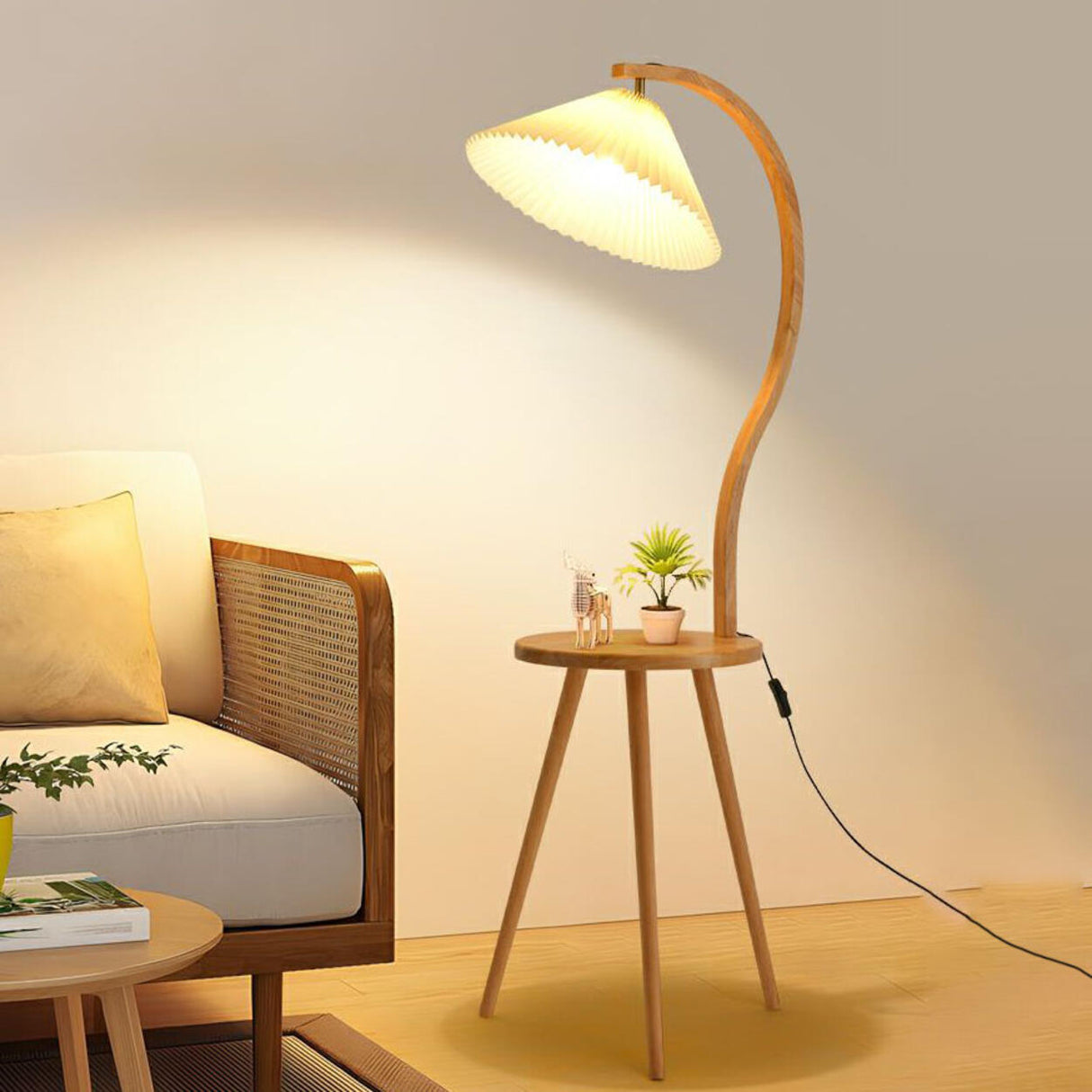 Wooden Pleated Arc Floor Lamp with Storage Shelf Image - 1