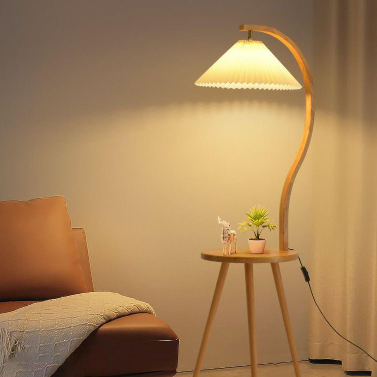 Wooden Pleated Arc Floor Lamp with Storage Shelf Image - 3