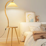 Wooden Pleated Arc Floor Lamp with Storage Shelf Image - 4