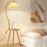 Wooden Pleated Arc Floor Lamp with Storage Shelf Image - 5