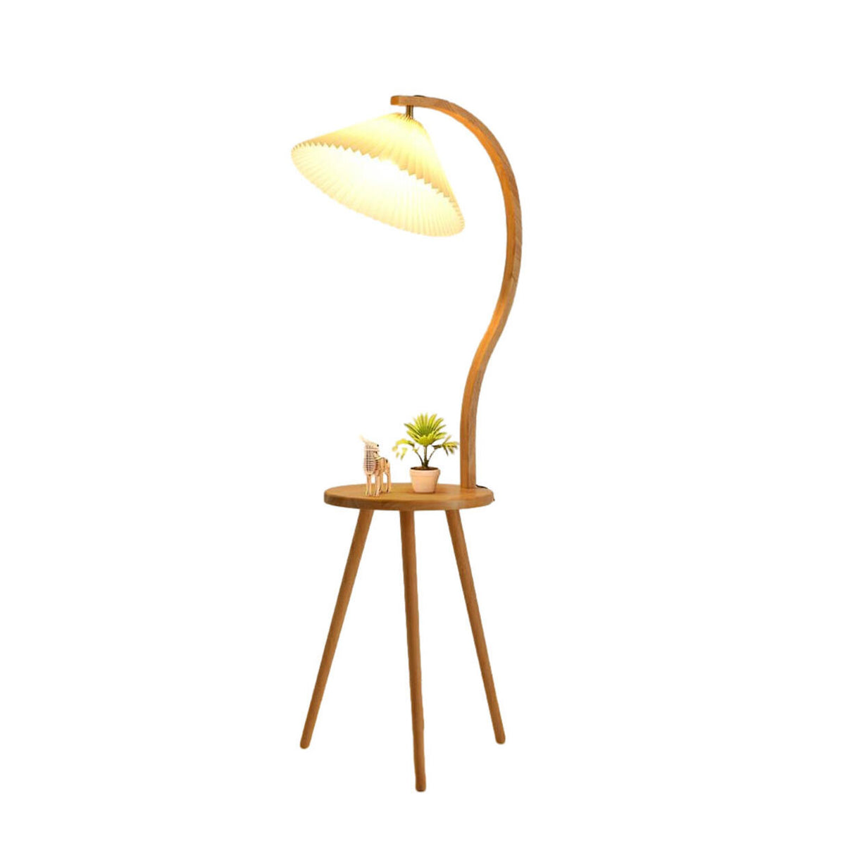 Wooden Pleated Arc Floor Lamp with Storage Shelf Image - 6