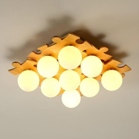 Wooden Puzzle Glass Ball Semi-Flush Mount Light 9-Light Image - 2