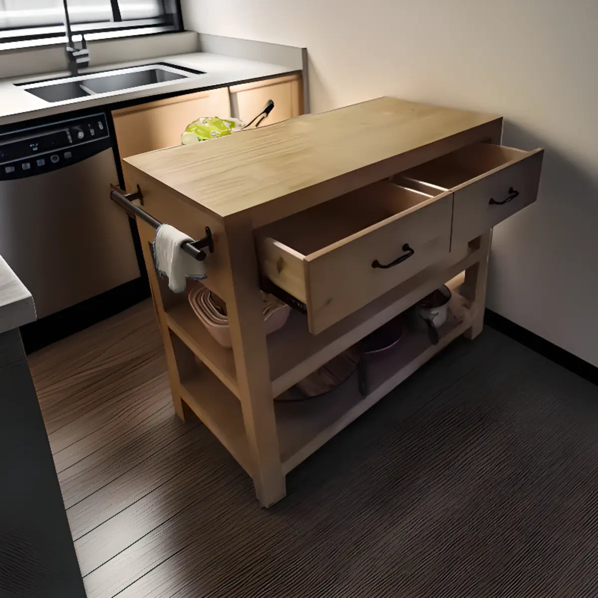 Wooden Rectangular Brown Open Storage Kitchen Island Image - 2