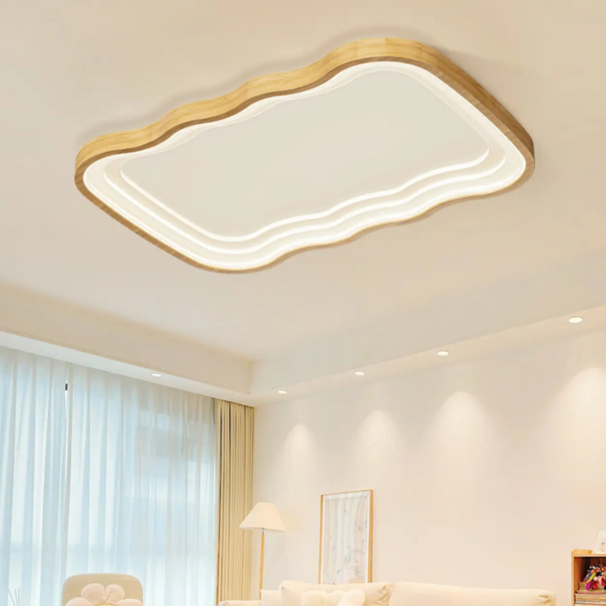 Wooden Rectangular Wave LED Flush Mount Ceiling Light Image - 4