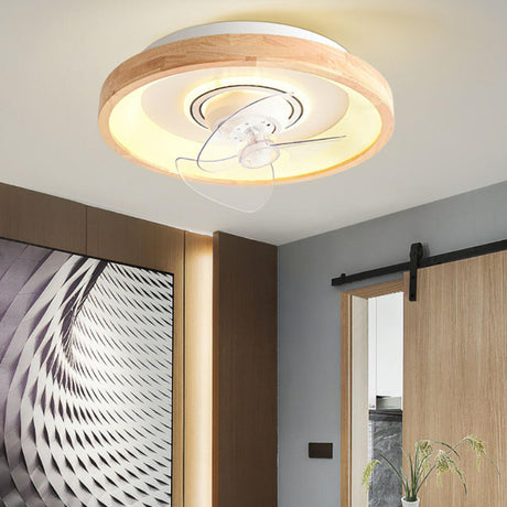 Wooden Round Remote Control Flush Mount Light with Fan  Image - 1