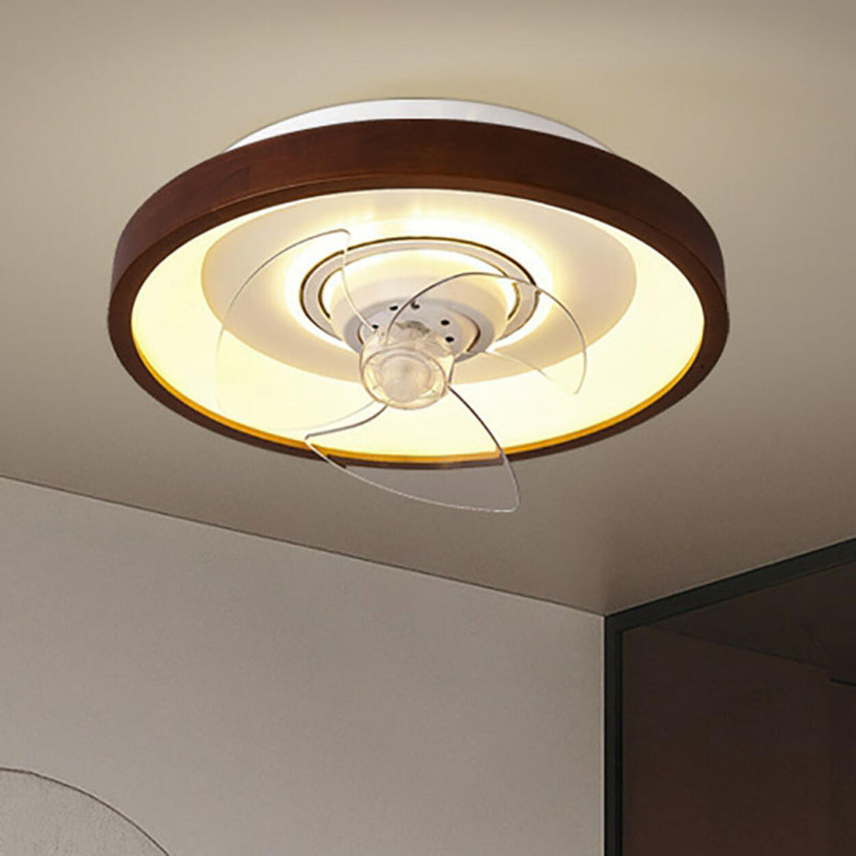 Wooden Round Remote Control Flush Mount Light with Fan  Image - 3