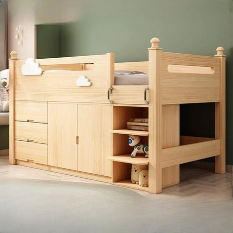 Wooden Storage Loft Bed with Stairs and Guardrail Image - 1