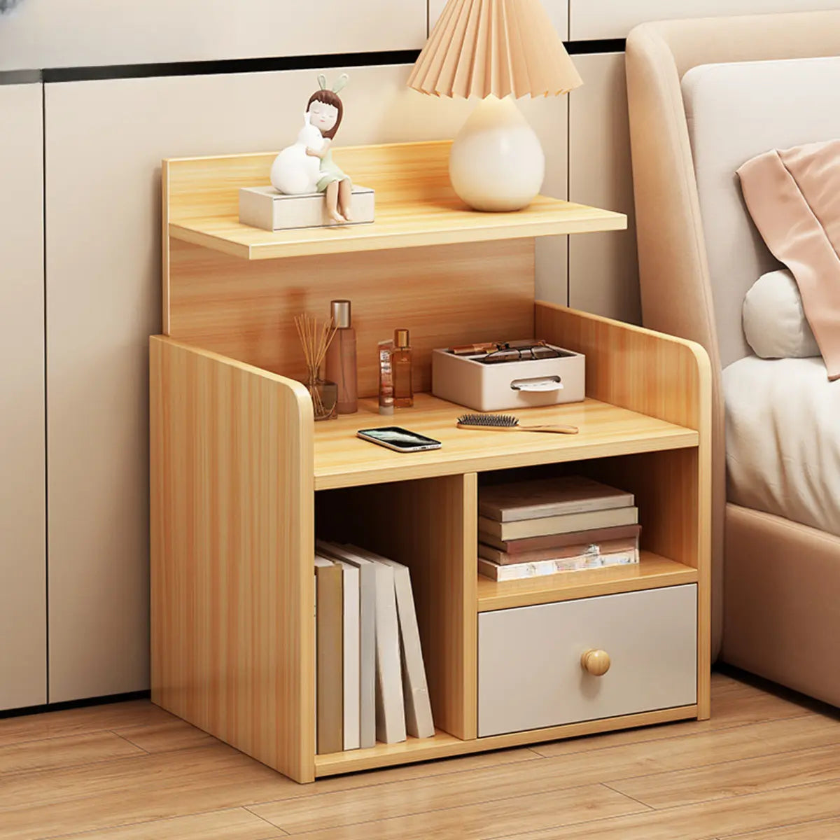 Wooden Walnut 2-Shelf Nightstand with Drawer Storage Image - 12