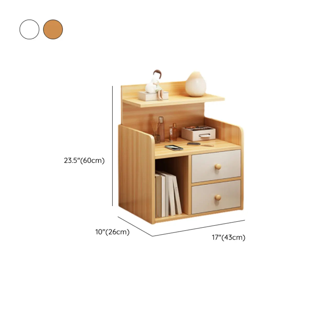 Wooden Walnut 2-Shelf Nightstand with Drawer Storage 