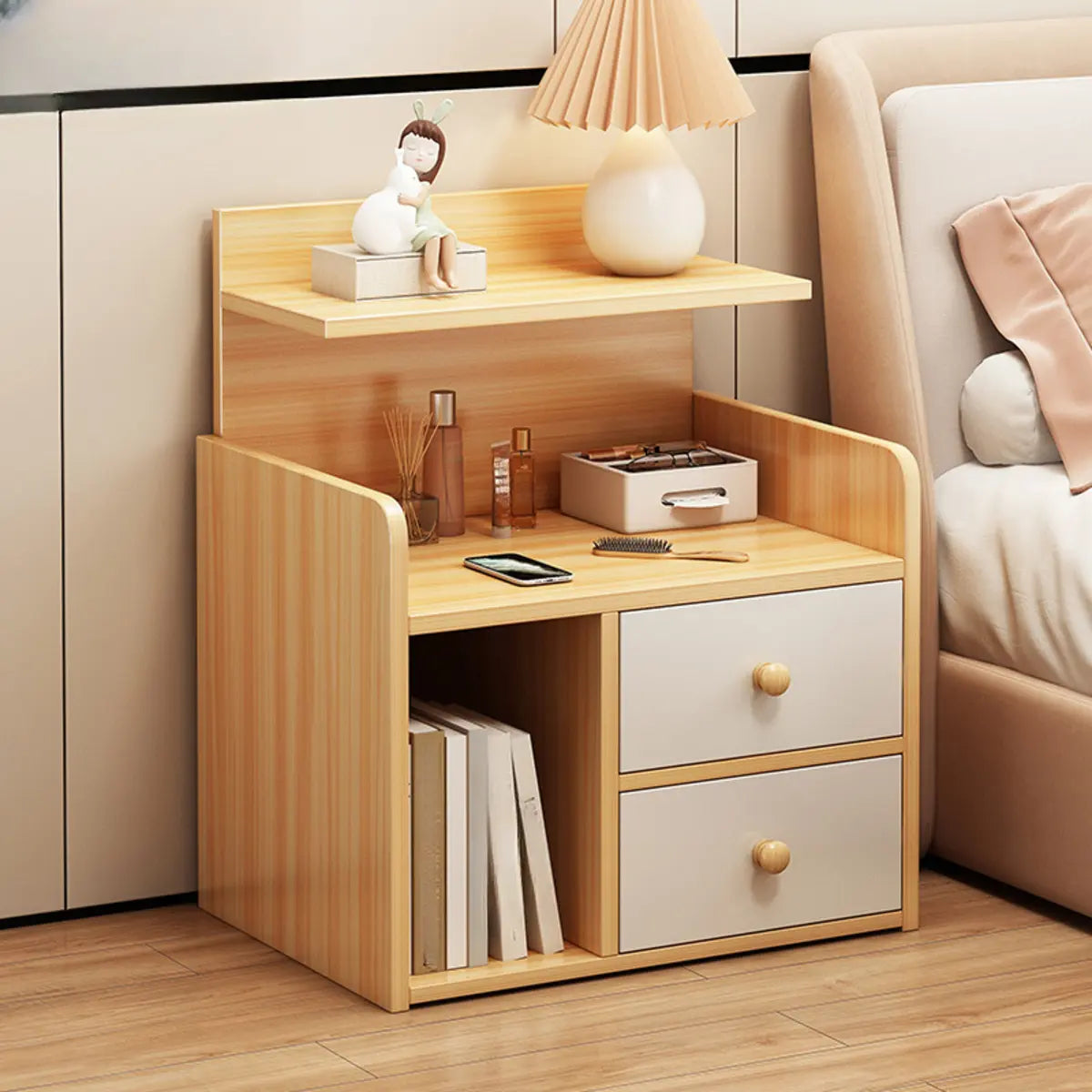 Wooden Walnut 2-Shelf Nightstand with Drawer Storage Image - 5