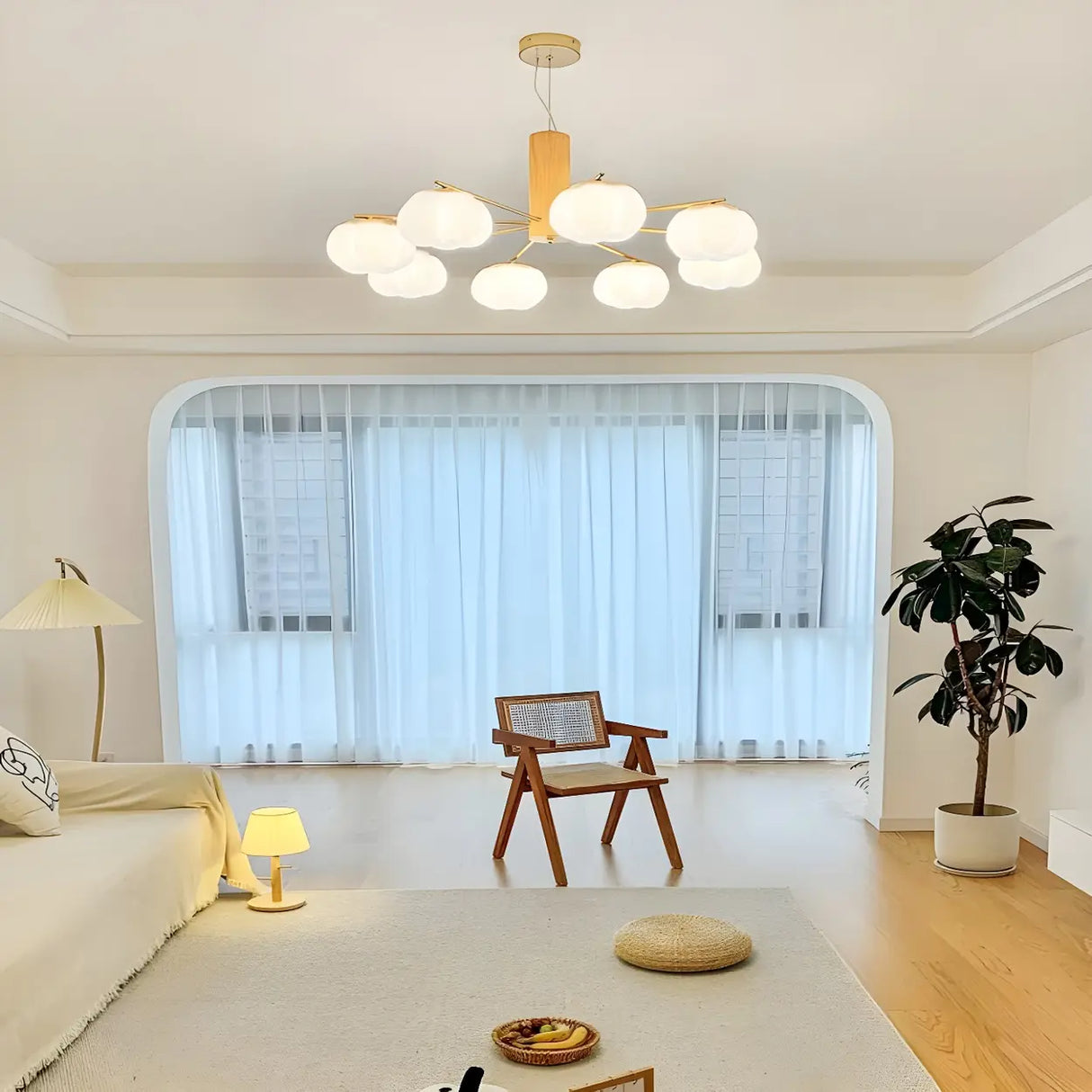 Wooden White Modern Chandeliers Round Cloud Dining Room Image - 2