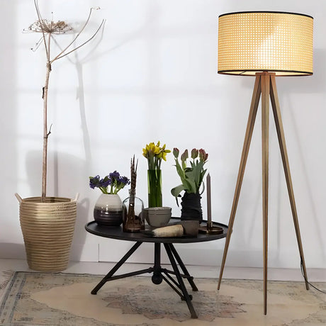 Woven Fabric Cylinder Shade Wooden Tripod Floor Lamp Image - 1