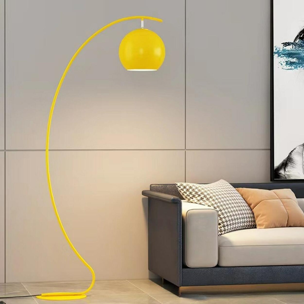 Yellow Arched Modern Globe Metal LED Floor Lamp Image - 2