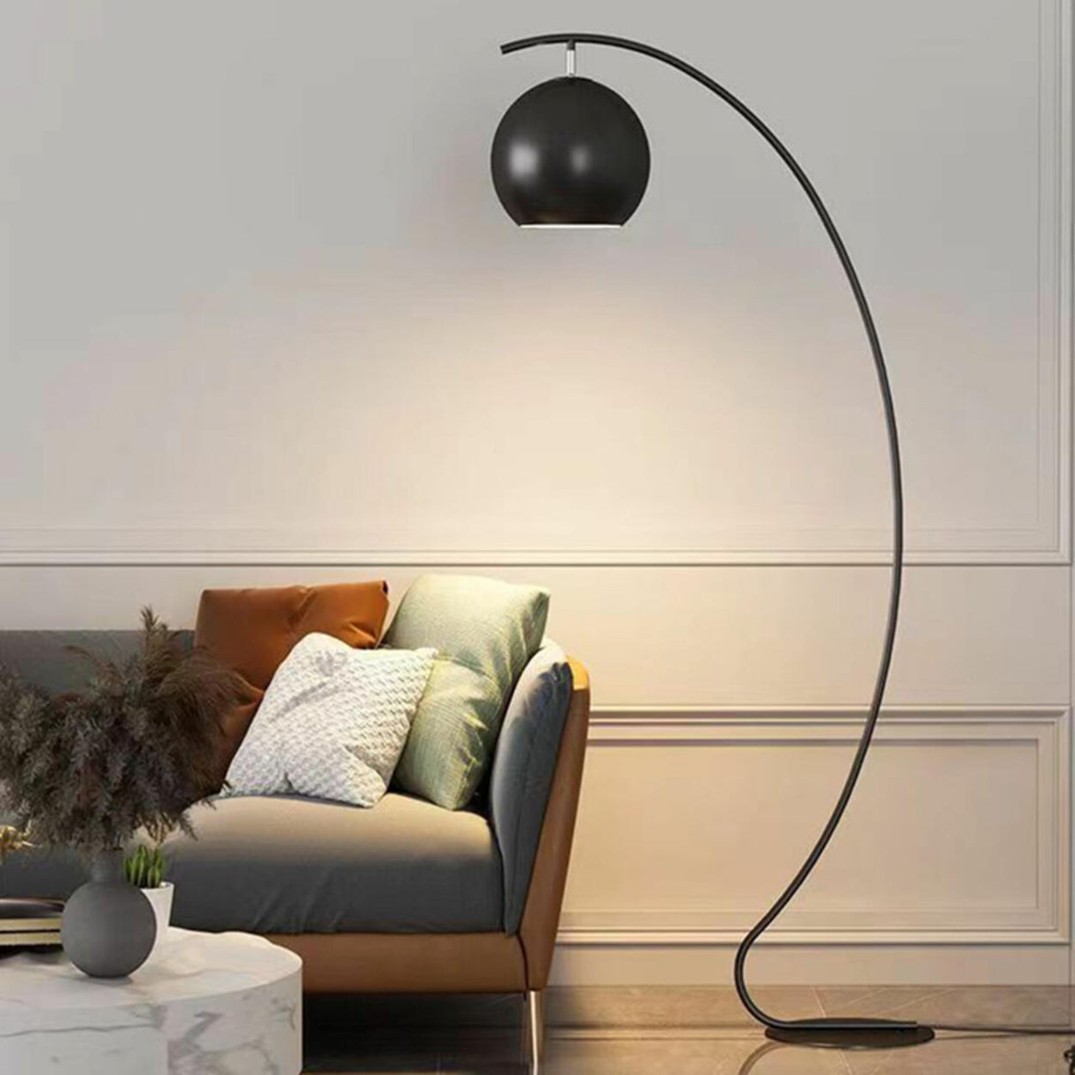 Yellow Arched Modern Globe Metal LED Floor Lamp Image - 3