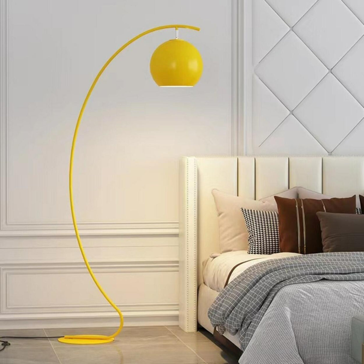 Yellow Arched Modern Globe Metal LED Floor Lamp Image - 7