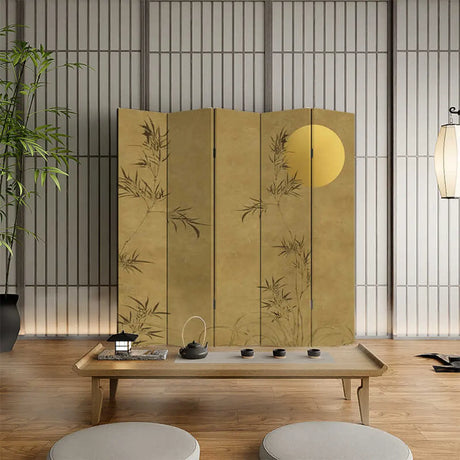 Yellow Bamboo Print Flax Folding Privacy Room Divider Image - 2