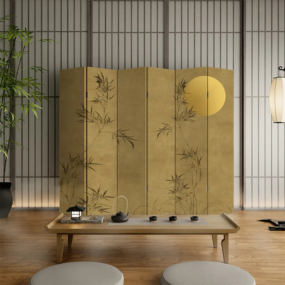 Yellow Bamboo Print Flax Folding Privacy Room Divider Image - 5