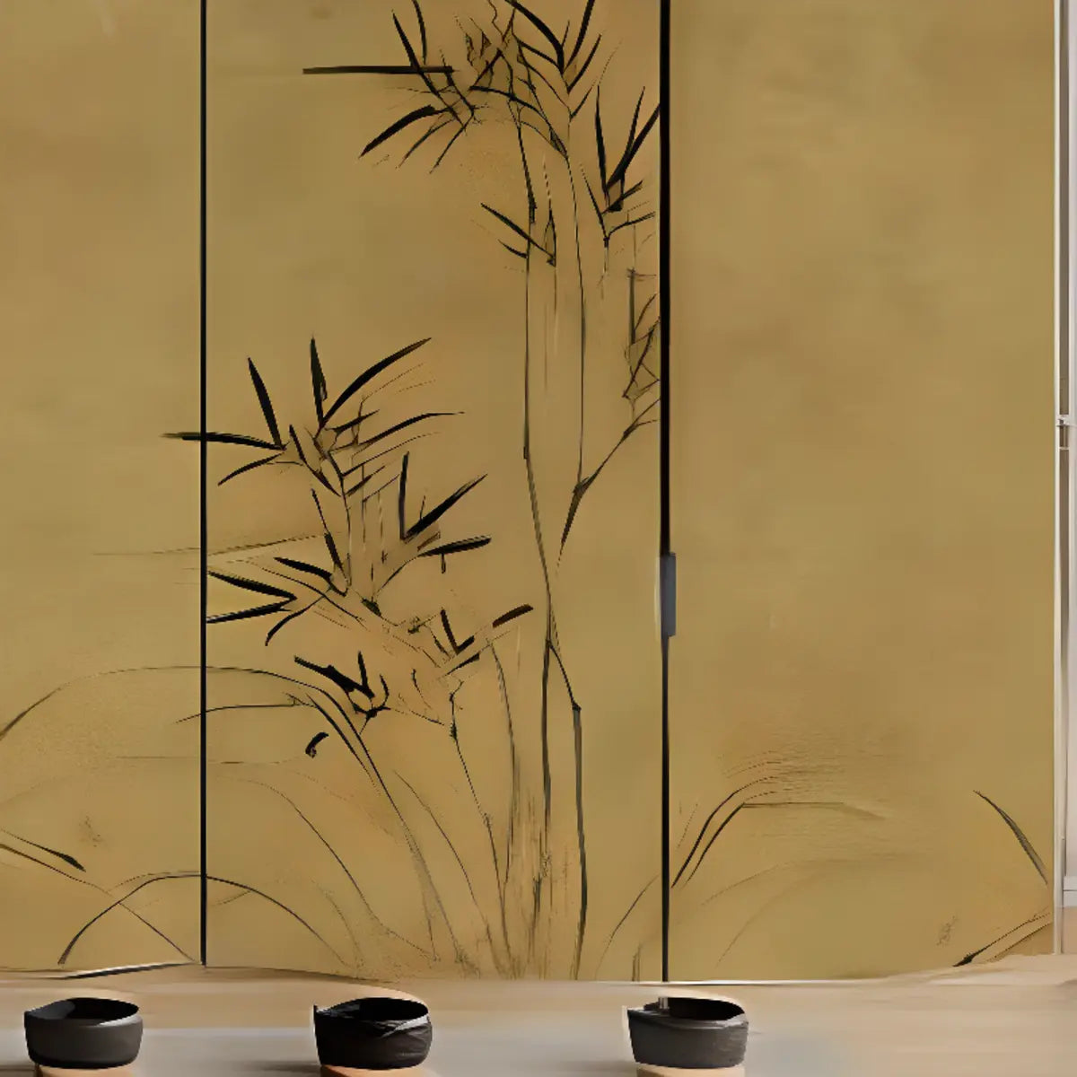 Yellow Bamboo Print Flax Folding Privacy Room Divider Image - 7