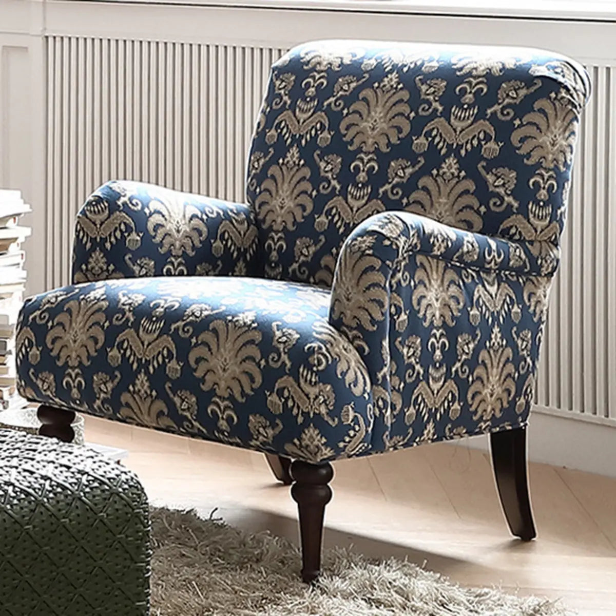 Yellow Cotton Linen Striped Accent Chair with Ottoman Image - 16