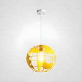 Yellow Dining Room World Map Globe Cage Metal Pendant Light Image - 1