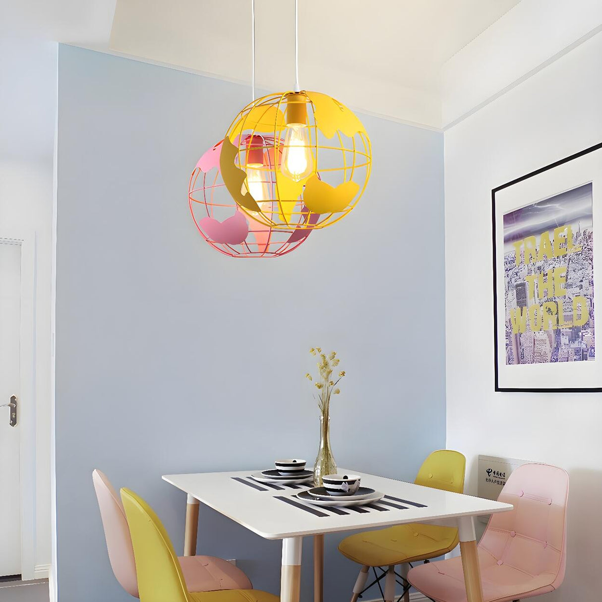 Yellow Dining Room World Map Globe Cage Metal Pendant Light Image - 5